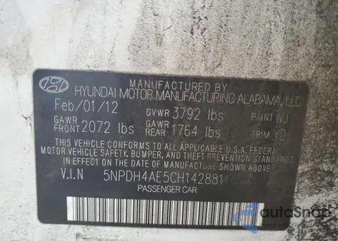 2012 Hyundai Elantra Gls z USA, uszkodzony, nr VIN 5NPDH4AE5CH142881